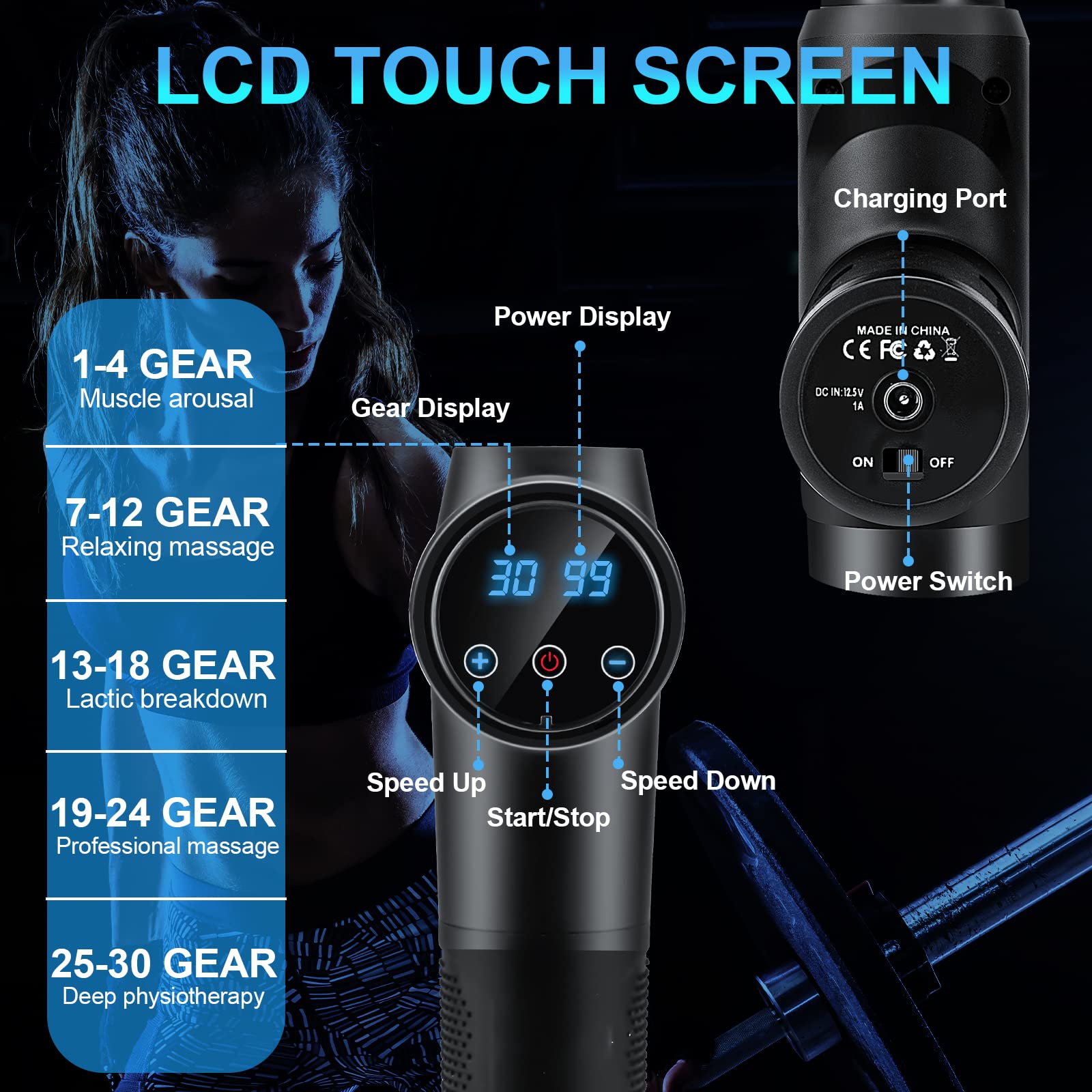 Massagepistole, Muskel Percussion Massagegerät mit 30 Geschwindigkeiten Leise Handmassagegeräte Massage Pistole mit LCD Touchscreen 10 Köpfe Massage Gun für Schulter Körper Rücken Entspannung